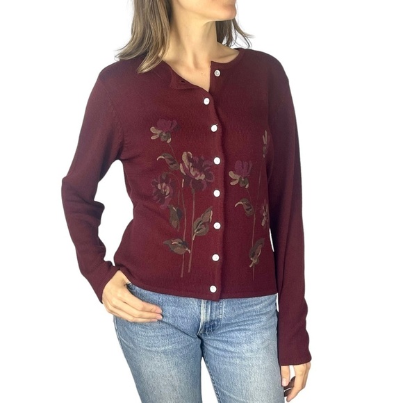 Pendleton Sweaters - PENDLETON PAINTED FLORAL BUTTON DOWN CHERRY RED CARDIGAN SWEATER